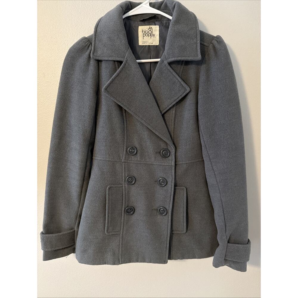 Black Poppy Women's Grey Small Double Breasted Wool Blend Coat